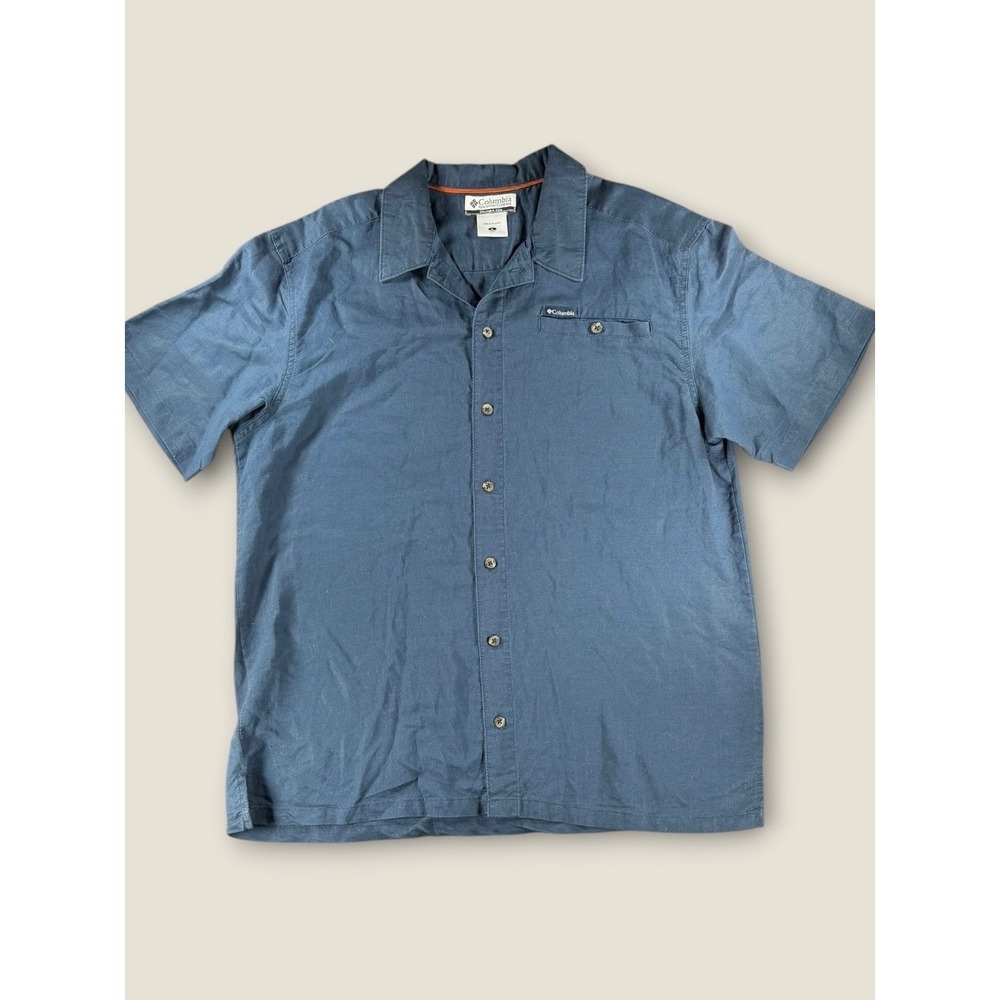 Columbia Mens Navy Blue Ramie Cotton Short Sleeve Button Down Shirt AM7961 L